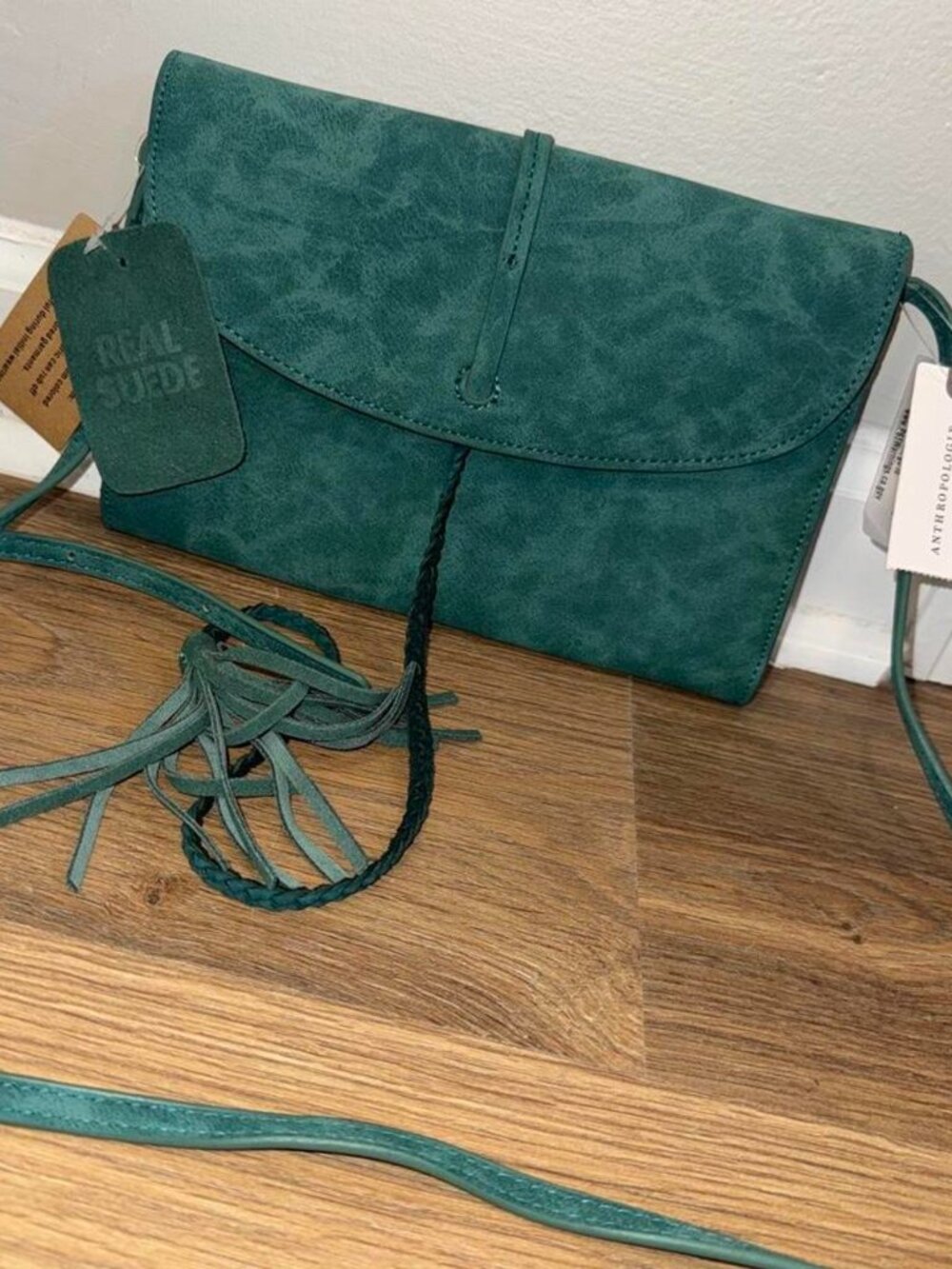 Anthropologie Teal Crossbody Tassel Clutch REAL SUEDE